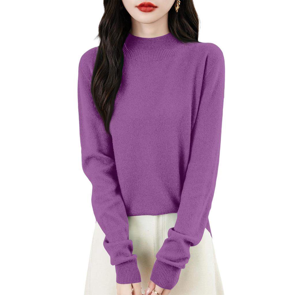 Women's Fashion Flat-Knit Half-Turtleneck Pullover Sweater Solid Color Long-Sleeve Top