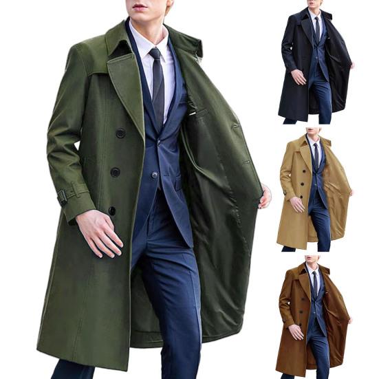 Men Windbreaker Lapel Long Sleeve Double Breasted Mid-Length Coat Solid Color Casual Business Outerwear