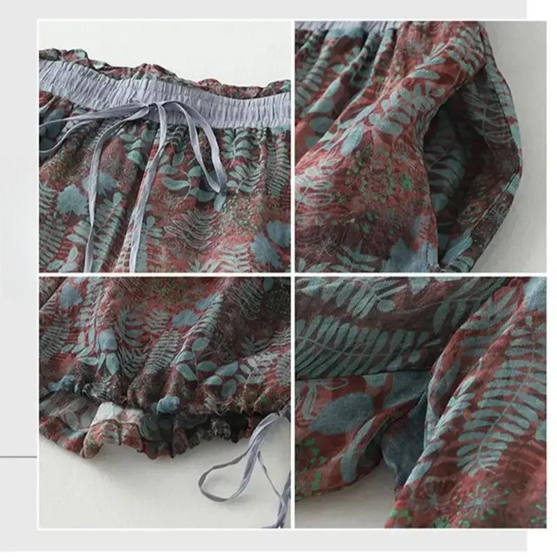 Vintage Floral Print Thin Ramie Pants Women Summer Elastic Waist Ankle-Length Trousers Loose Wide Legs Pants