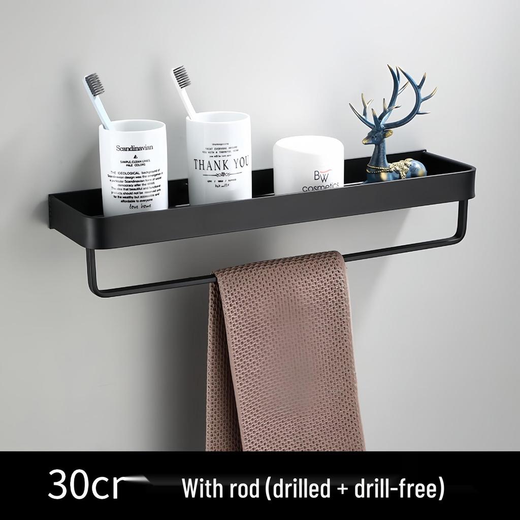 Black Space-Saving Aluminum Wall Shelf & Towel Rack - No Drilling Needed