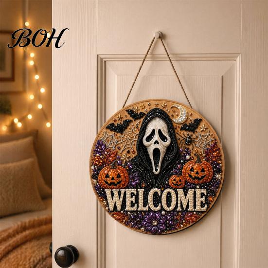Beginner Friendly Door Sign Kit Halloween Faux Pearl Kit, Ghost Skull Skeleton Cat Welcome Decorative Painting Crafts Handmade Arts for Wall