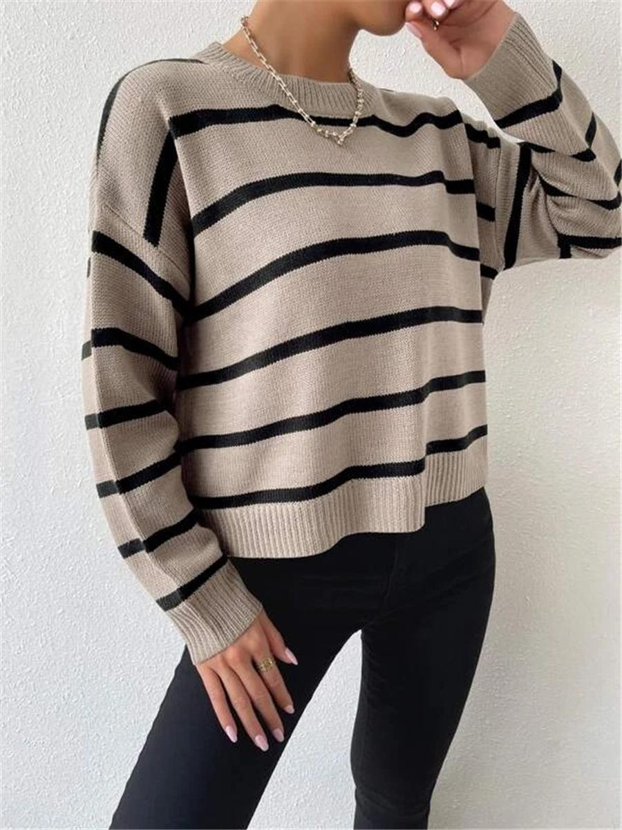 Autumn New Loose Crewneck Striped Knit Sweater Fall Fashion,casual Wear,ribbed Knit S темные хаки