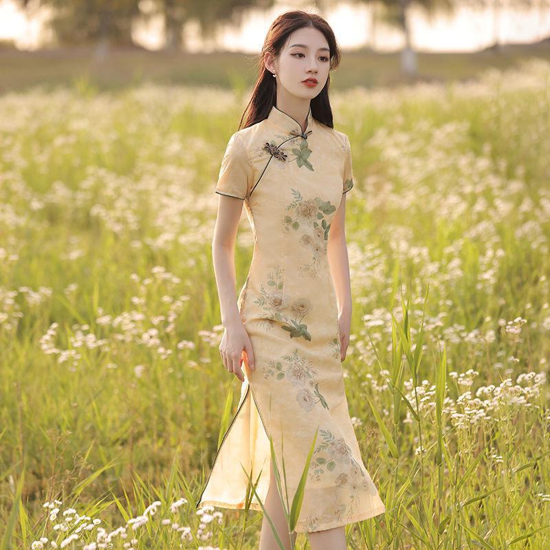 New summer improved cheongsam women's clothing retro Chinese style long printed short-sleeved lady's dress