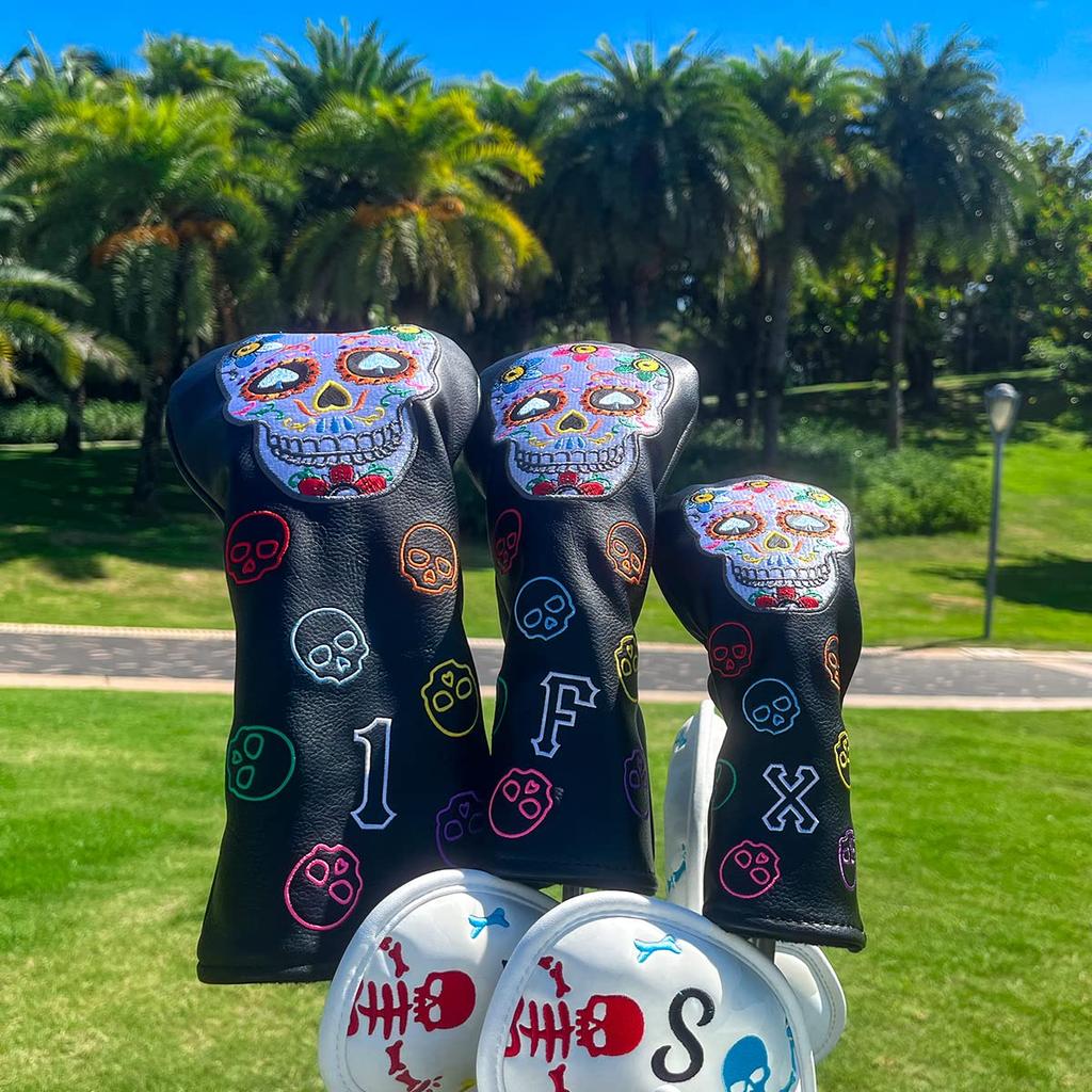 Golf Club Headcovers for Fairway and with Numbered Stylish PU Leather Golf Headcovers with Colorful Skull Black Driver Drivers, Woods, Utilities,