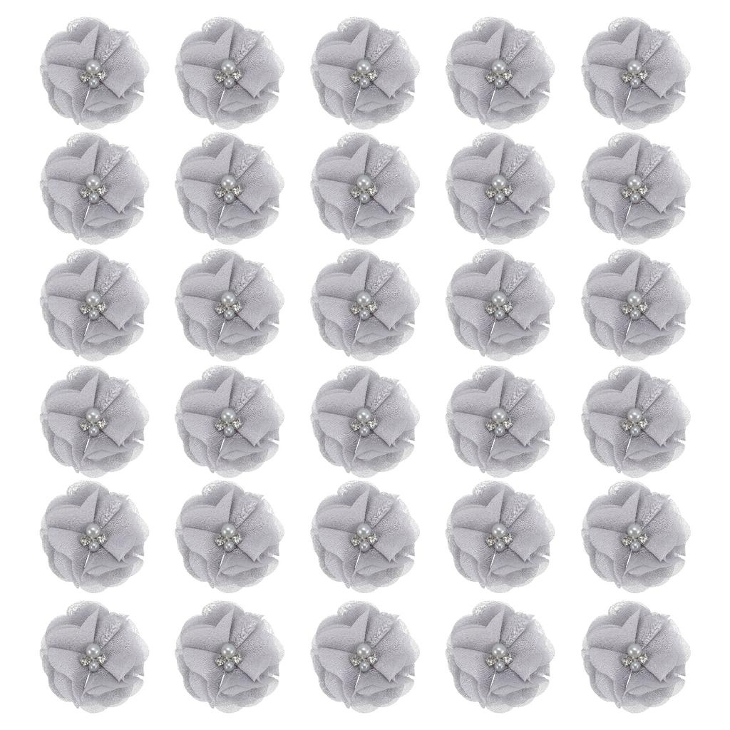 12/30pcs Chiffon Flowers Rhinestone Pearl Sewing Fabric Flowers Artificial Appliques Embellishment for Clothing Wedding Craft 2"