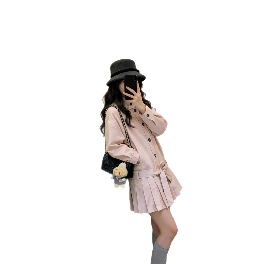 Korean Fashion Stand-Up Collar Pleated Trench Coat for Women - Simple, Sweet, and Versatile Autumn Design