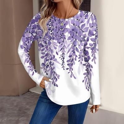 Dámska móda Ležérny top s dlhým rukávom s kvetinovou potlačou s okrúhlym výstrihom Dámske tričká