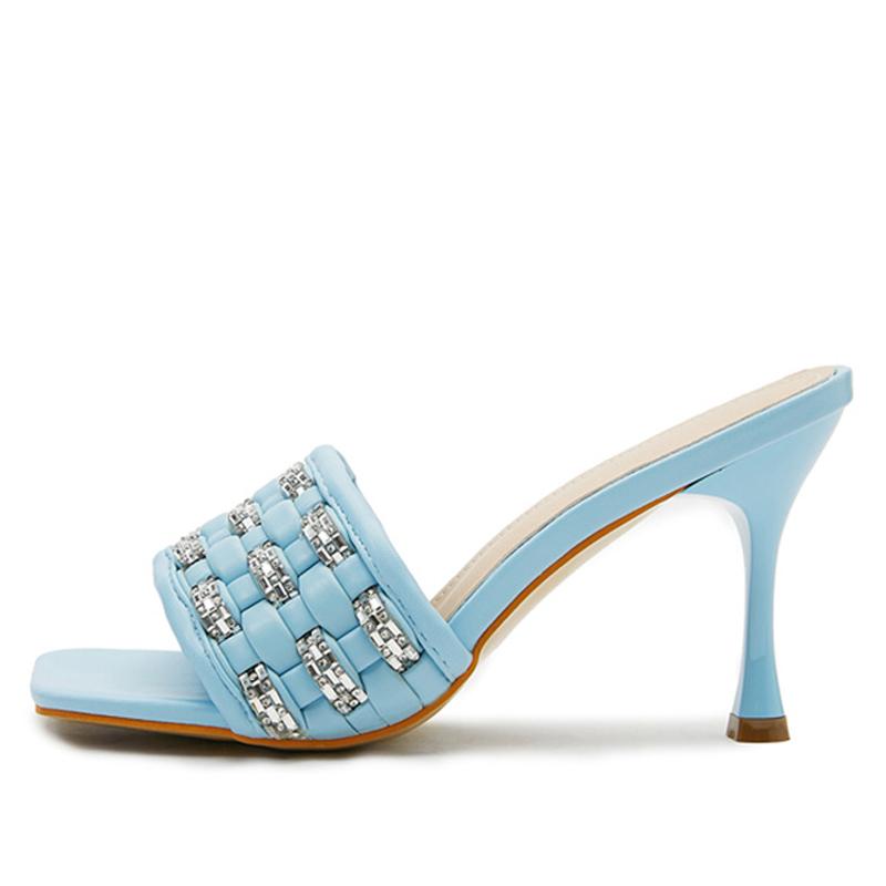 Liyke Runway Style Design Weav Crystal Rhinestone Thin High Heels Outdoor Streets Fashion Slippers Women Summer Sandals Shoes