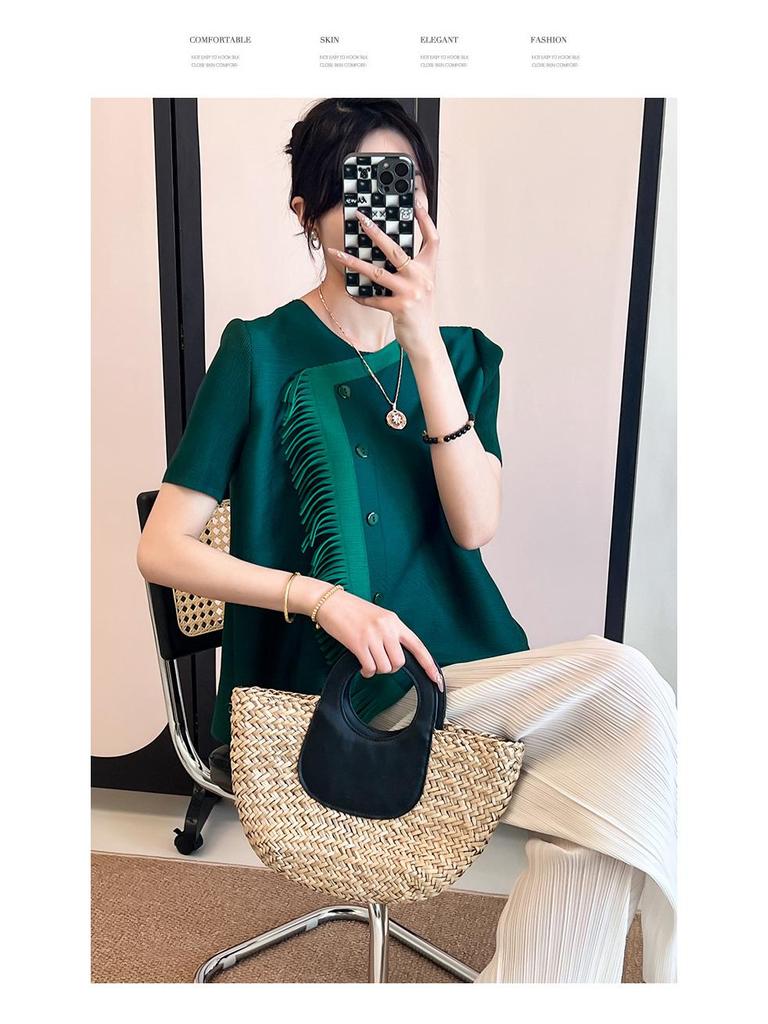 Miyake Plisse 2025 Sommer Quastenbluse - Lockere Passform, Figurformend, Bauchbedeckendes Design