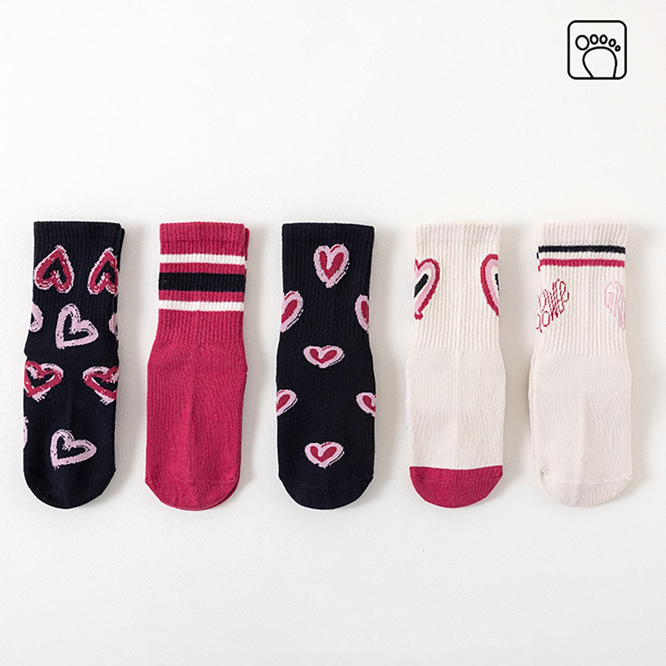 5 pairs of girls , medium, and large children s heart-shaped striped pattern floor socks, mid tube socks, anti slip, wear-resist 1-3Y