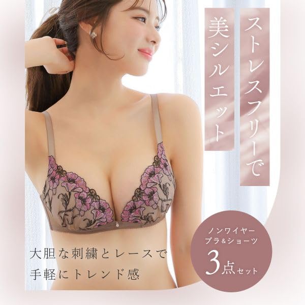 Bra and Panties 6 Types To Choose Embroidered Lace Lace [Shirohato] Non-wired 3-Piece Set, From & One-Tone (Type A, E75)