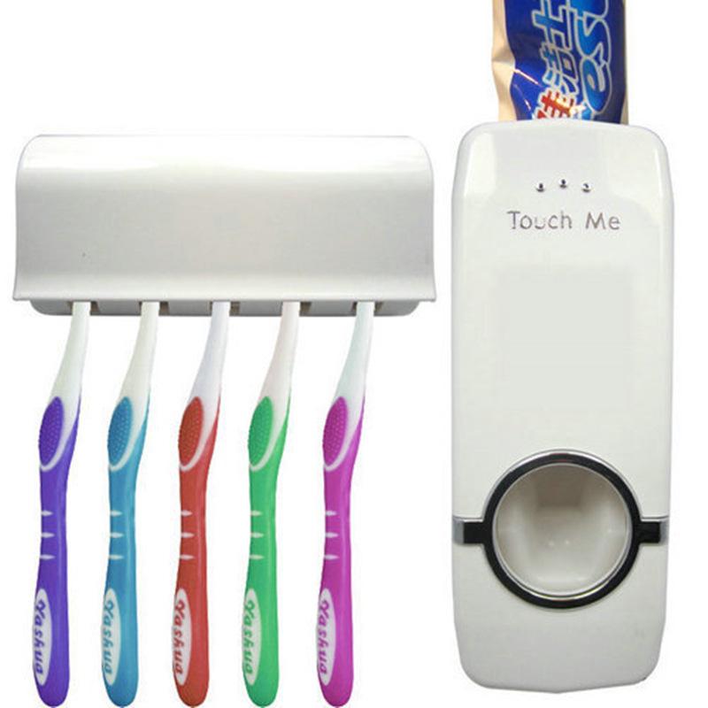 Korean Automatic Toothpaste Dispenser Set with Five-Slot Toothbrush Holder and Touch-Activated Squeezer - English Packaging