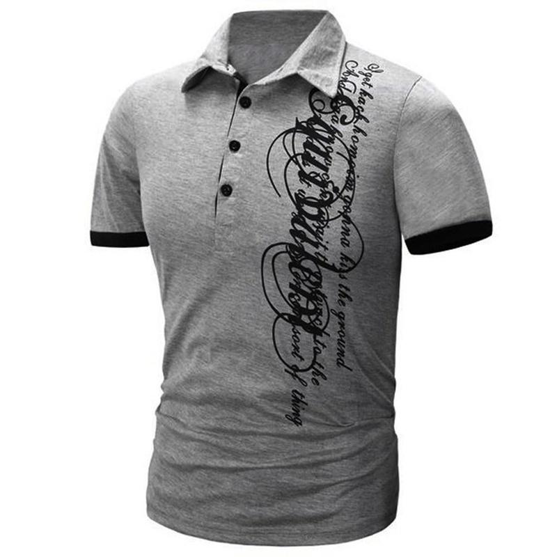 Elegant Men's Fashion Lapel Short Sleeve Blouse Casual Letters Print T-shirt
