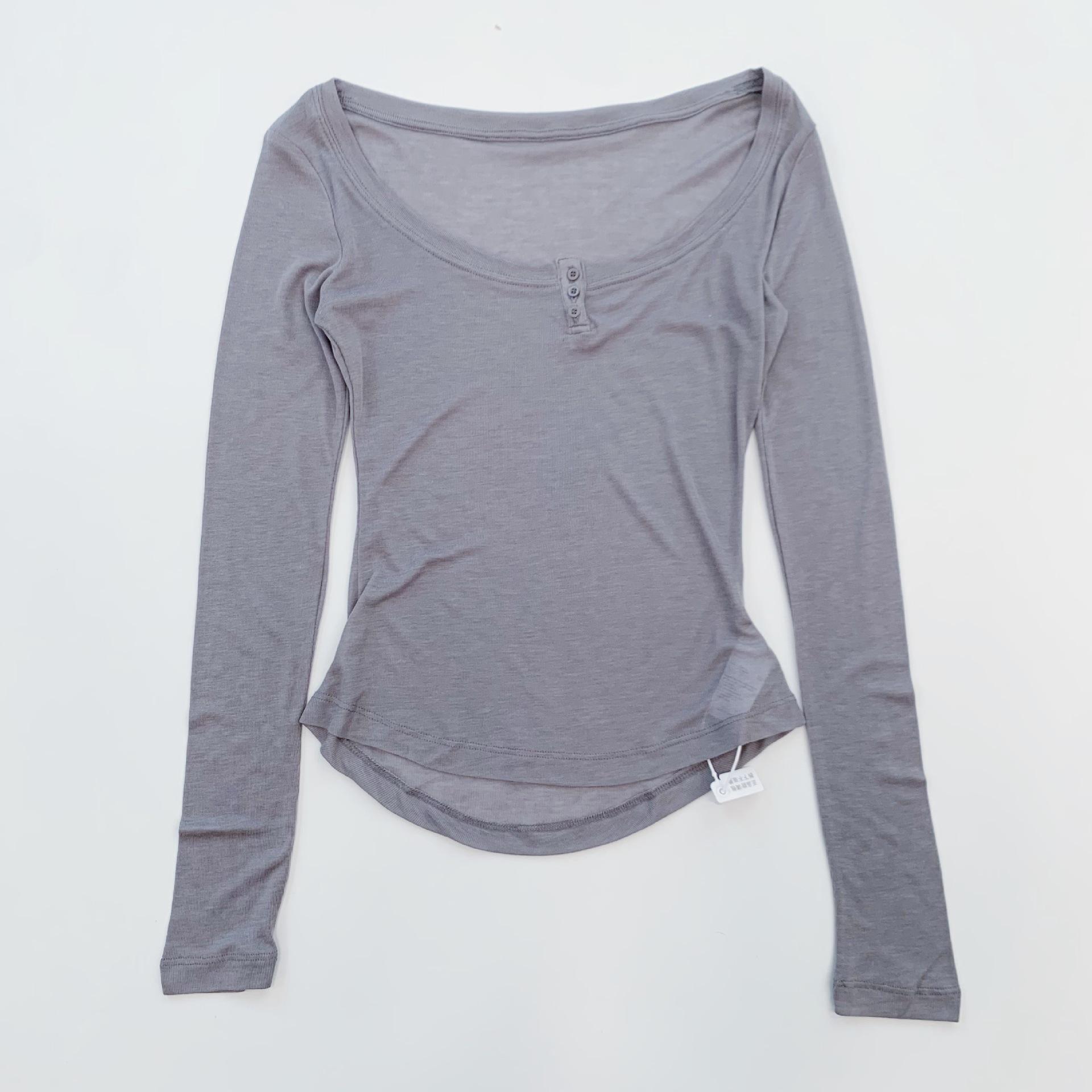

Korean Simple Versatile Sheer Slim Fit Long Sleeve U-neck Button-up Base Layer Top One Size