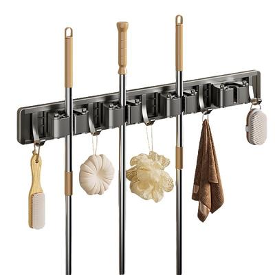 Broom Mop Holder Wall Mounted with 5 Slot 6 Hooks, Utility Room Storage Solutions for Broom Cupboard Kitchen Bathroom Garage Tool Organiser