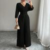Damen Jumpsuit mit langen Ärmeln, Falten und weitem Bein, V-Ausschnitt und hoher Taille für elegante Alltagsmode