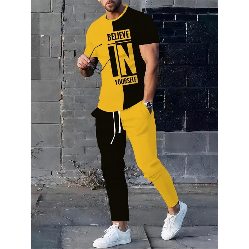 Simple Crown Casual Men's Thin Short-sleeved And Long Pants, Urban Street Casual Men's 2pieces Thin Long Pants Set