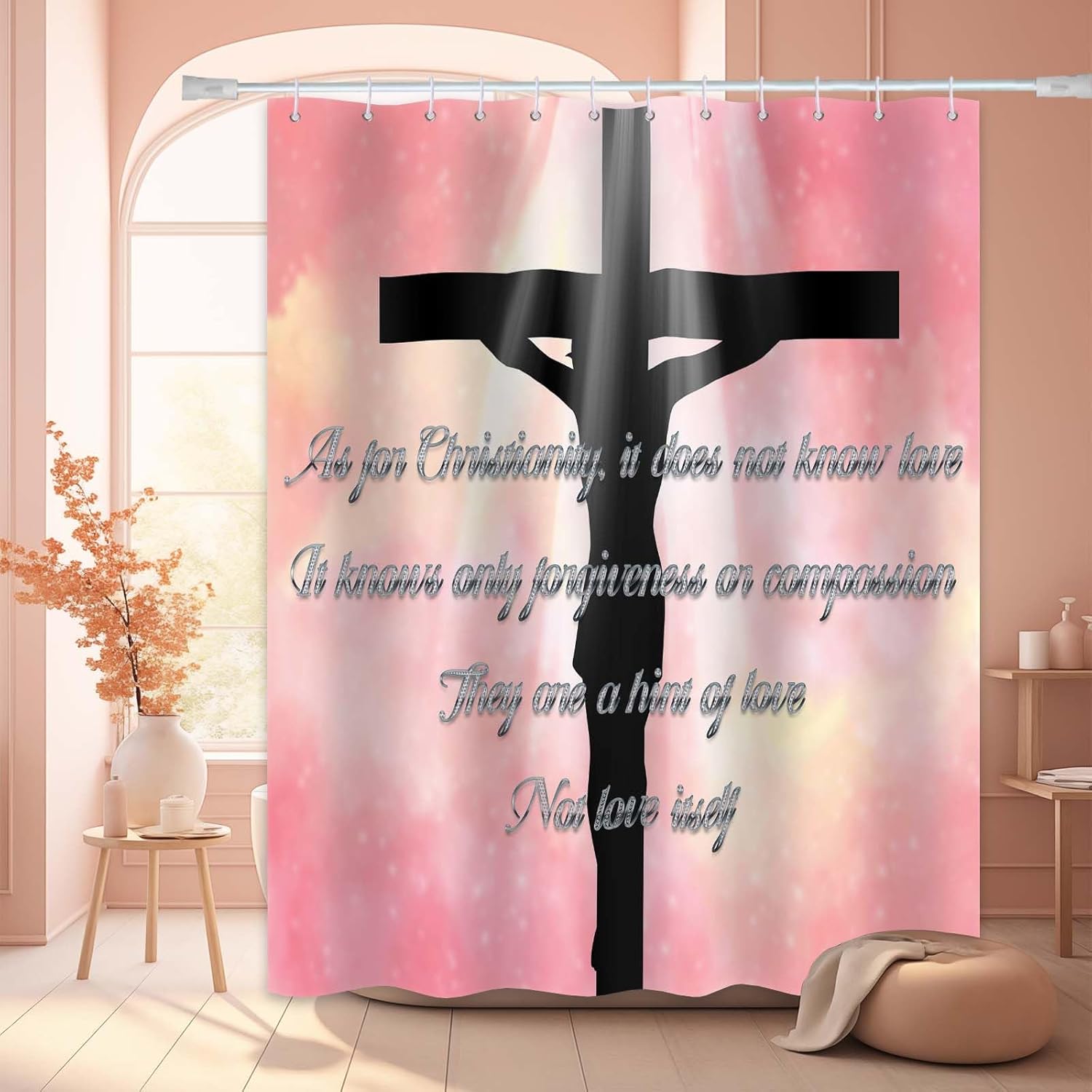 

Bible Verse Shower Curtain Christian Scripture Inspirational Pink Religious Bathroom Decor, Waterproof Fabric With Hooks, 72X72 W60H190(CM)-1 Pcs