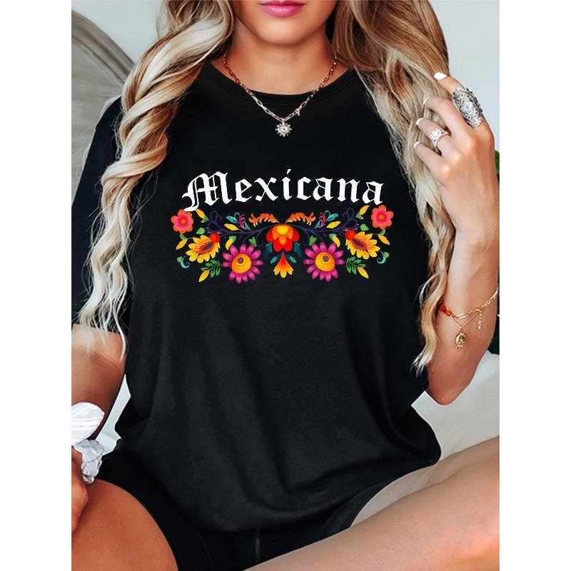 

European Size Vibrant dahlia and mexican flag print women s t-shirt-soft, casual T-shirt floral print shirt_soft t-shirt,suitable for all seasons 4XL