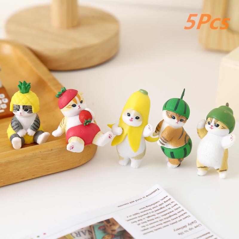 5Pcs Cartoon Cute Cat Doll Figure Toys Creative Fruits Kitten Ornaments Car Mini Ornament Desktop Decoration Holiday Gifts