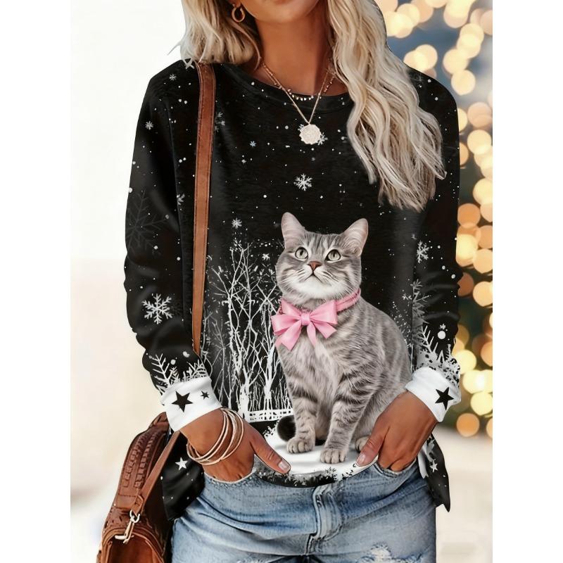Christmas-themed women's snowflake and kitten print round neck long-sleeved T-shirt, festive black and white casual loose top