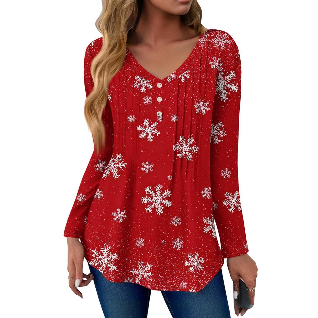 Women's Fashion Casual Christmas Tree Print V-Neck Decorative Button Long Sleeve T-Shirt Top