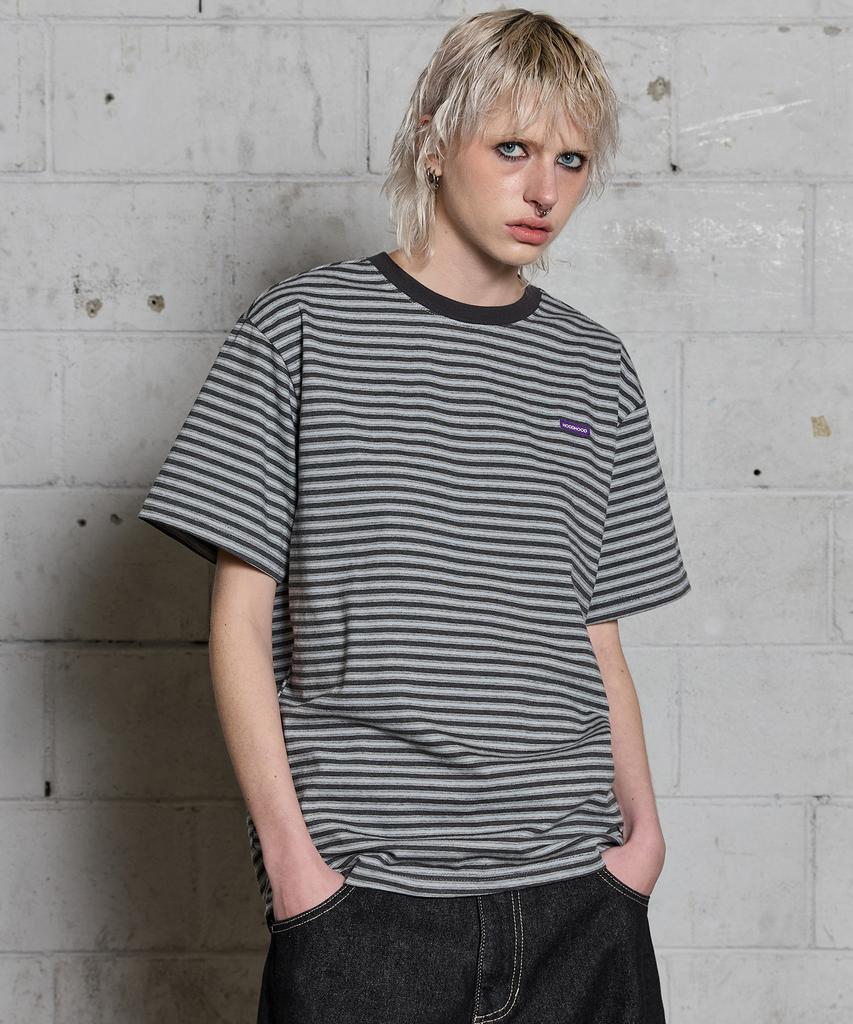 HOODHOOD Logo Stripe Short Sleeve T-Shirt Gray