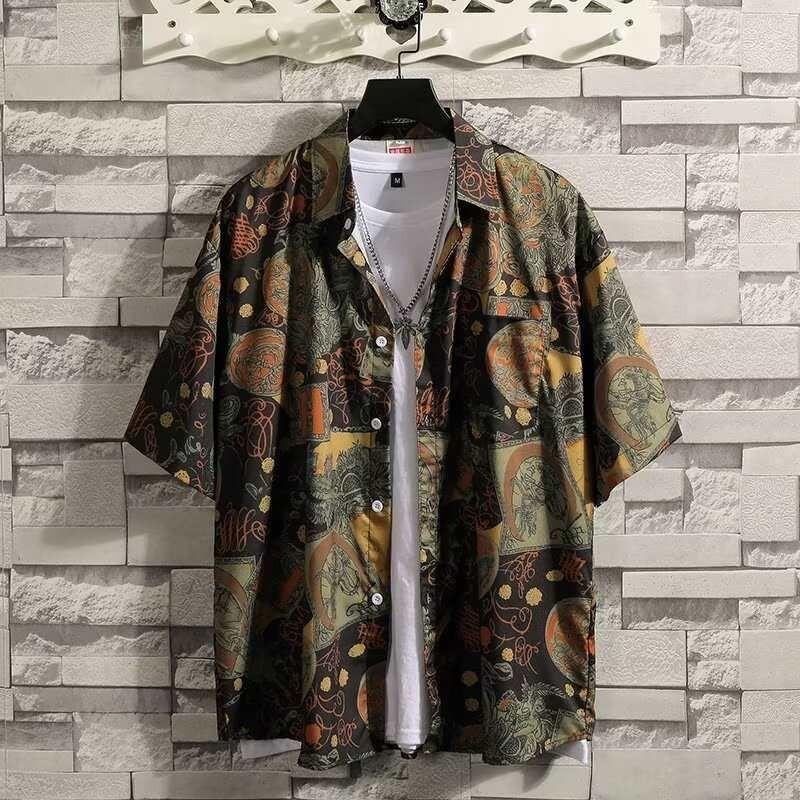 

Летняя мужская мода Гавайская рубашка Корейский стиль Тайный дизайн Повседневная пляжная рубашка с цветочным принтом Топы с короткими рукавами с лацканами Винтажная одежда для отпуска Коричневый