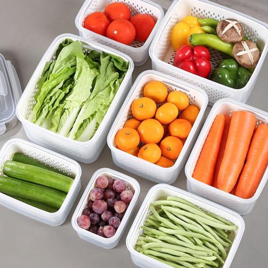 4-In-1 Fruit Vegetable Storage Container with Removable Filter Leak-Proof Airtight PP Storage Box for Washing Draining Stackable Food Organizer