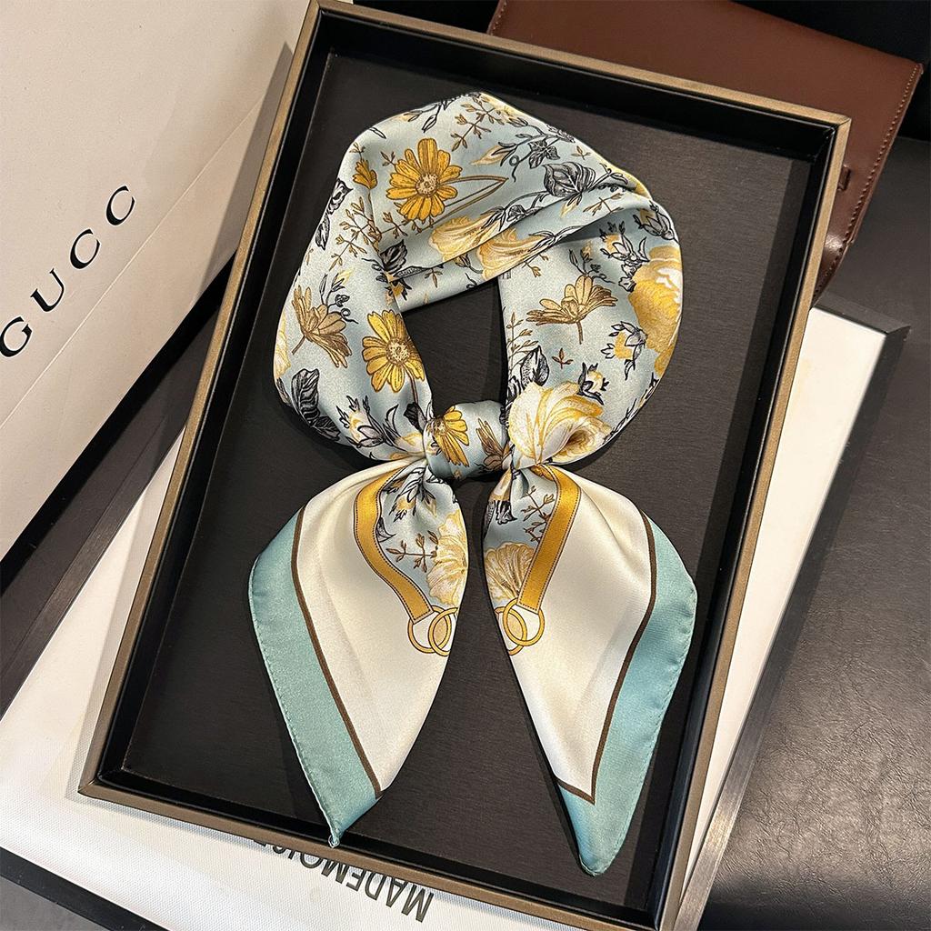 Luxury Square Scarf For Women Fashion Floral Ladies Hijab Elegant Neckerchief Bandanas Soft Stain Faux Silk Scarves Shawl Warps