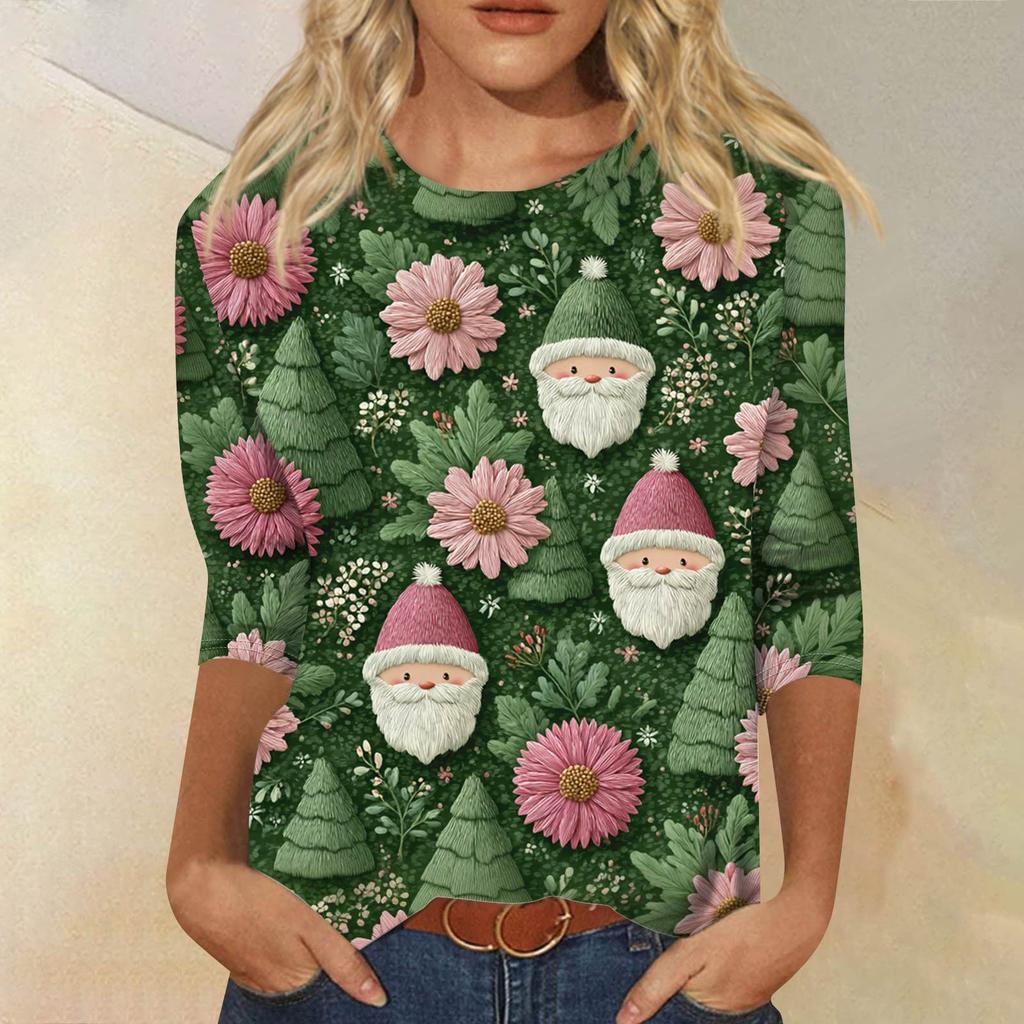 Damenmode, lässig, Rundhalsausschnitt, 3/4-Ärmel, lockeres bedrucktes T-Shirt, Damen-Top