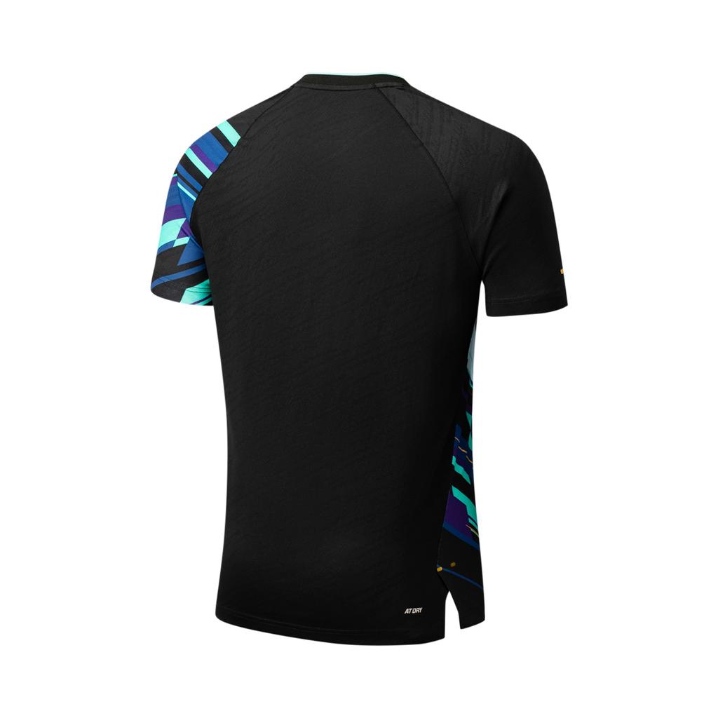 Li Ning Badminton Series Full Print V-Neck Pullover Comfortable Versatile Breathable Short Sleeve Badminton Shirt Unisex tops Black AAYU223-1