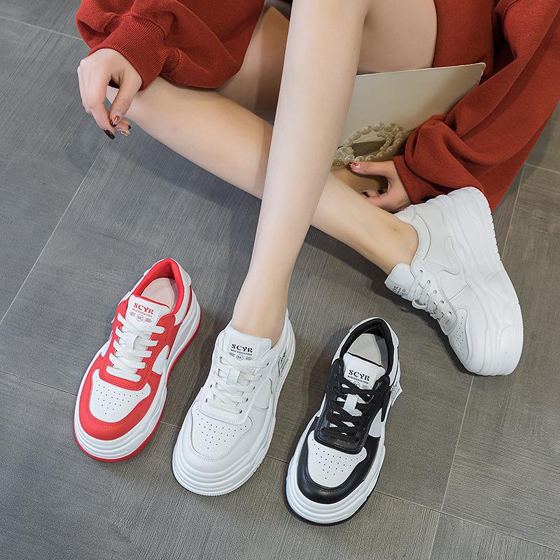 Little white shoes 2025 spring new thick-soled heightening leather board shoes women's 7CM muffin bottom small breathable classic