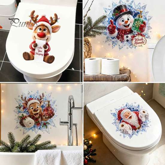 Cartoon Xmas Toilet Seat Cover Stickers Christmas Stickers, Self?Adhesive Waterproof PVC Wall Decals, 3D Colorful Reindeer Santa Tank Lid Decor for