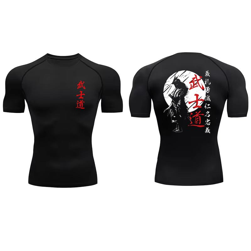 Japan Samurai Spirit Short Sleeve Compression Shirts for Men Summer Athletic Quick Dry T-shirts Gym Workout Running Tees RL00229