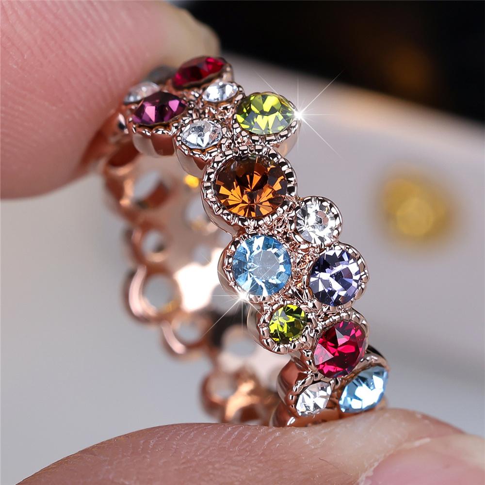 Luxury Female Blue Red Rainbow Zircon Stone Finger Ring Vintage Rose Gold Color Wedding Band Bridal Jewelry For Women