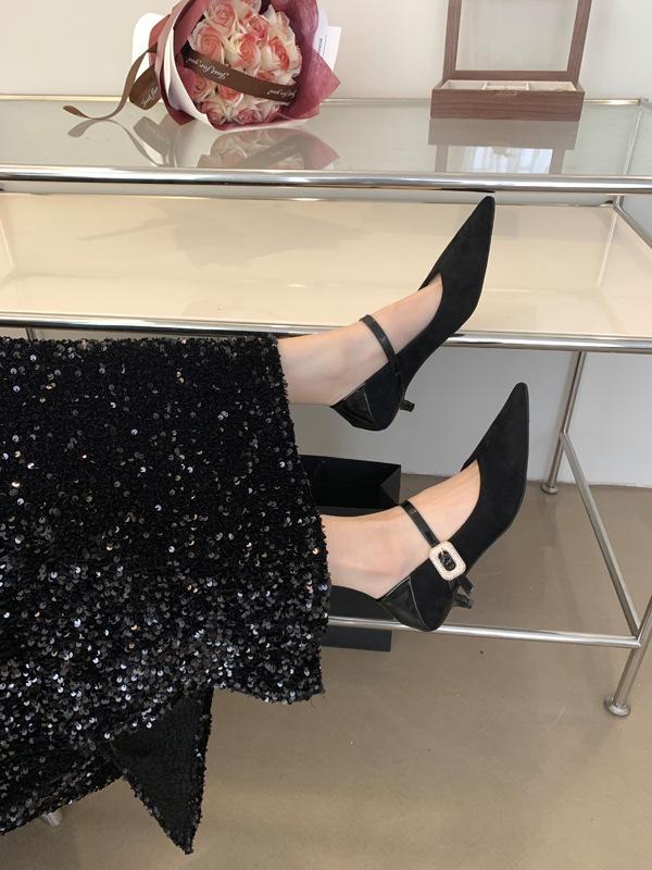 

Temperament thin heel Mary Jane single shoes women s shoes spring design sense rhinestone celebrity high heels 35 чёрный