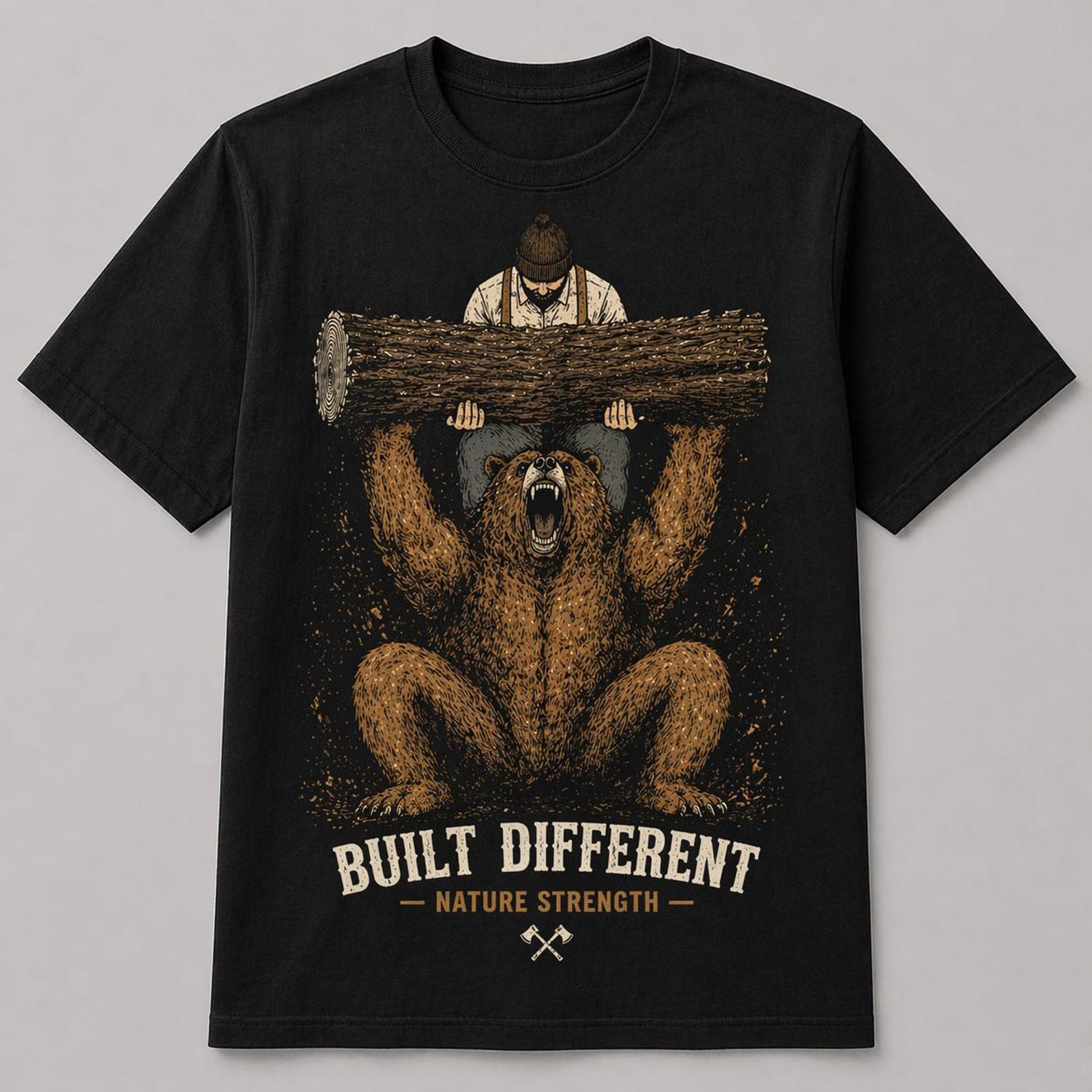 Built Different Bear Strength T-Shirt – Lumberjack Gym Animal Graphic Tee – Nature Power Streetwear Shirt 2XL