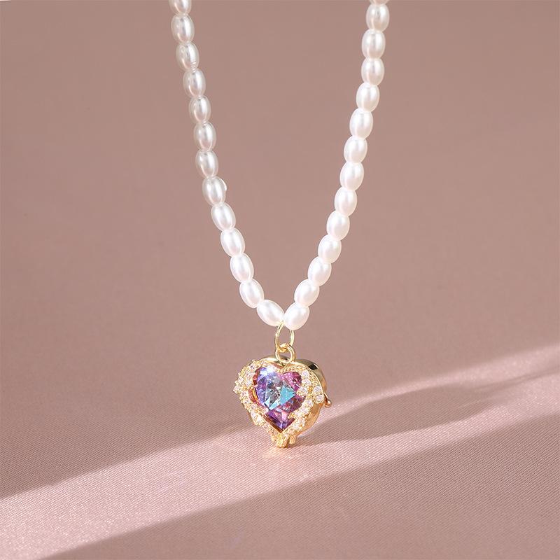 Light Luxury Heart Of The Ocean Pearl Necklace Female Versatile Temperament Slightly Inlaid Love Pendant