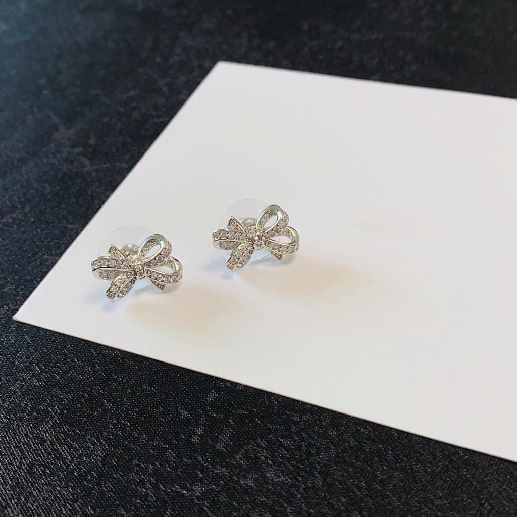 Bow Shaped Earrings with Diamond Inlay and Silver Plating, Personalized and Fashionable Earrings, 1:1 Quality