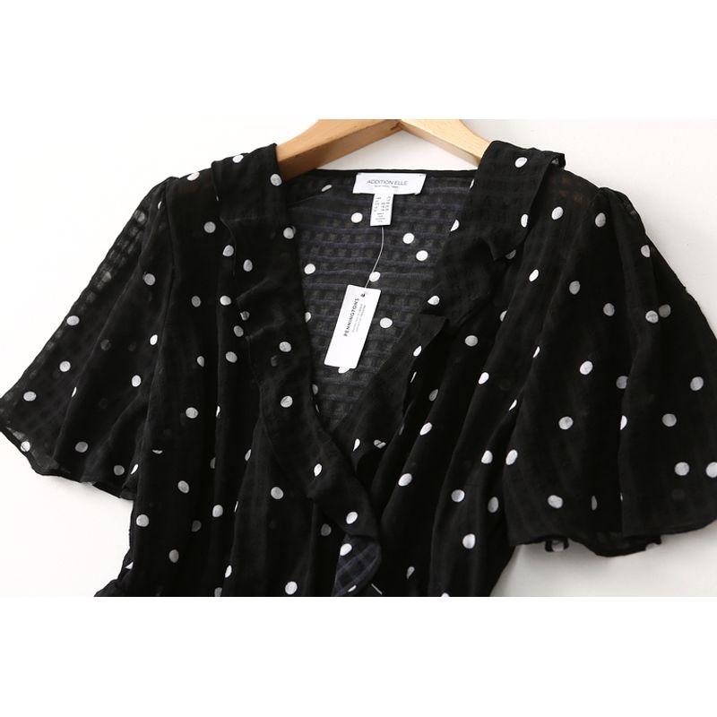 Foreign Trade Original Order Simple Graceful Wooden Ear Polka Dot Short Sleeve Chiffon Shirt Blouse Side Lace-up Plus Size Women's Clothing
