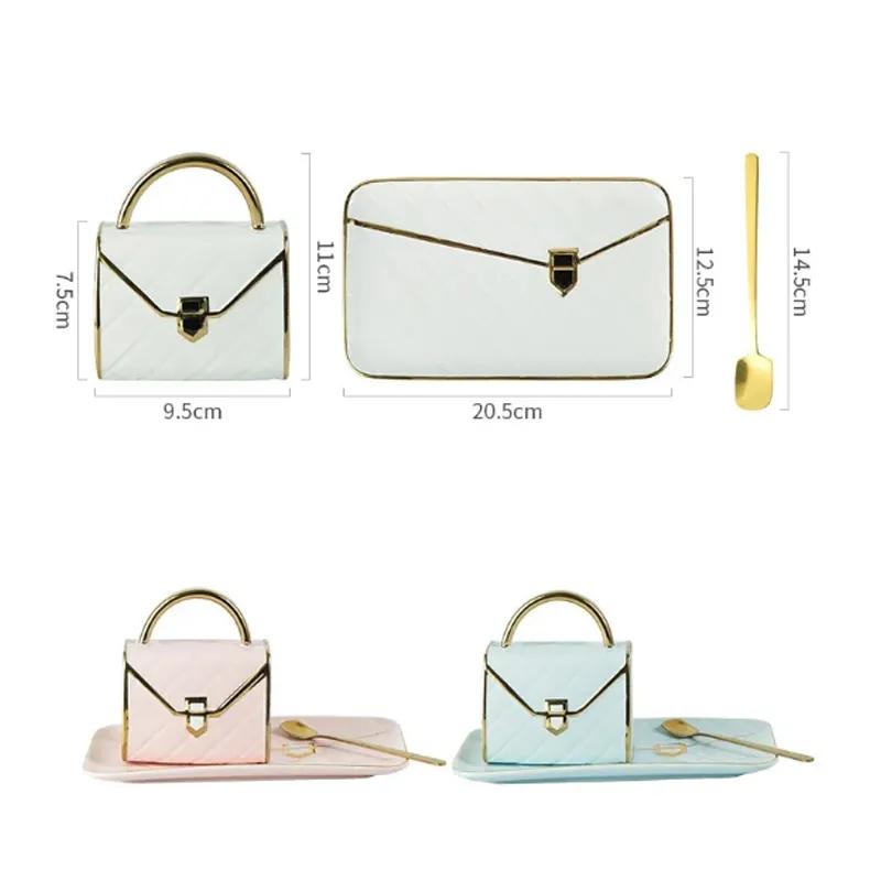 Handtaschenförmige Keramiktasse mit Untertasse Bestseller Vierfarbig Frühstück Milch Tasse mit Untertasse Dim Sum Keramiktasse Dessertteller Tasse YA088