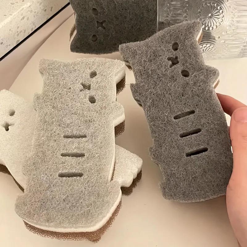 Juego de 4 esponjas de cocina con forma de gato: gruesas y duraderas, ideales para lavar y limpiar platos.