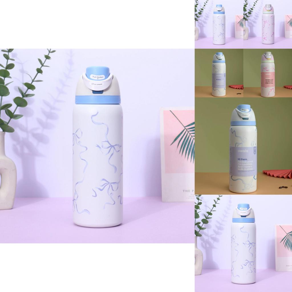 Ribbon Bow Pattern Print Insulated Water Bottle With Dual Drink Lids For Outdoor Sports