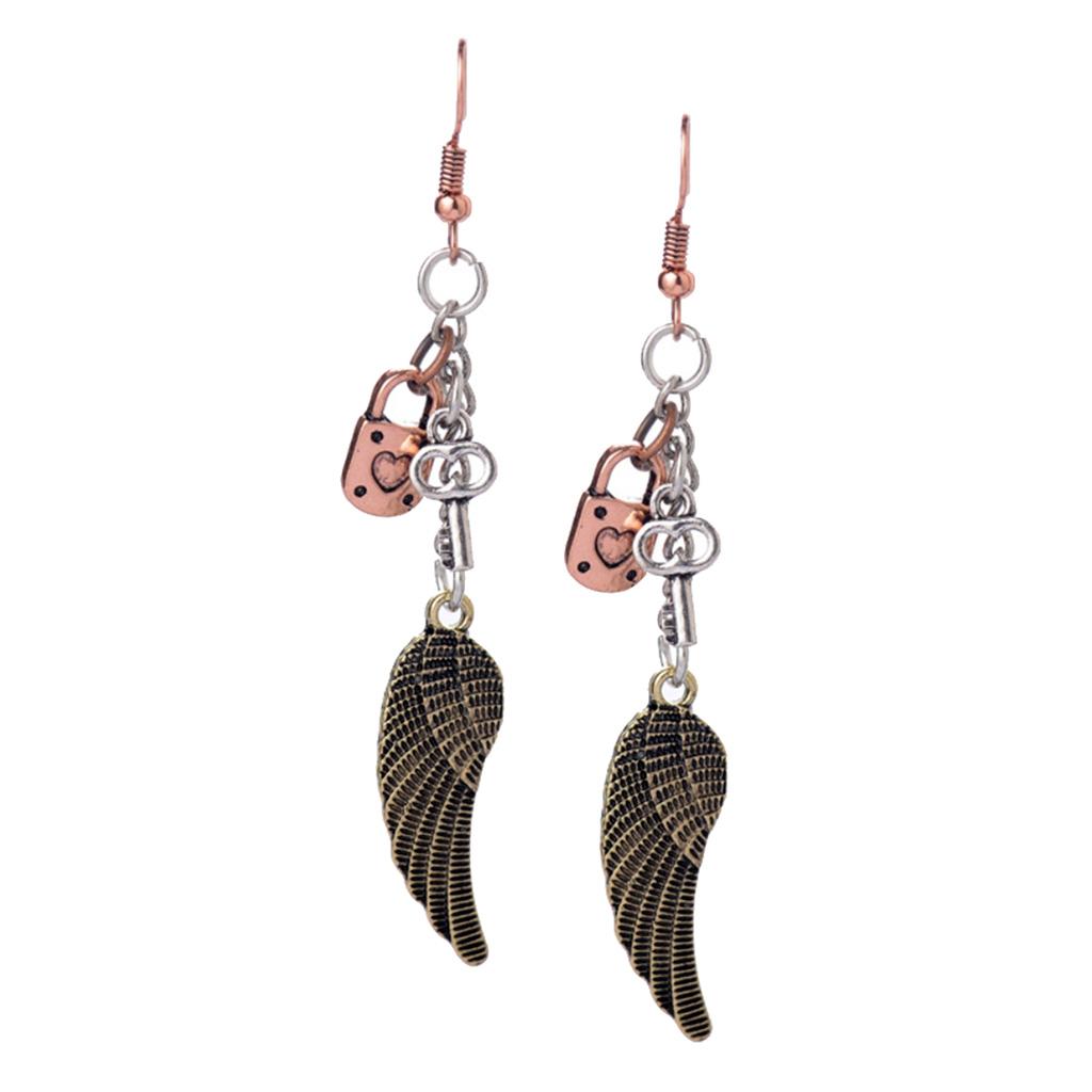 Women Steampunk Vintage Key Lock Angel Wing Dangle Earrings