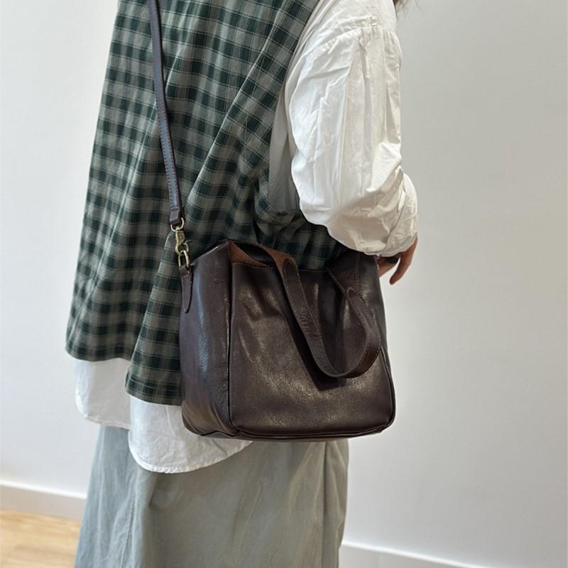 Johnature Genuine Leather Retro Women's Bag Commuting Soft Cowhide Solid Color Handbag Versatile Shoulder Bag