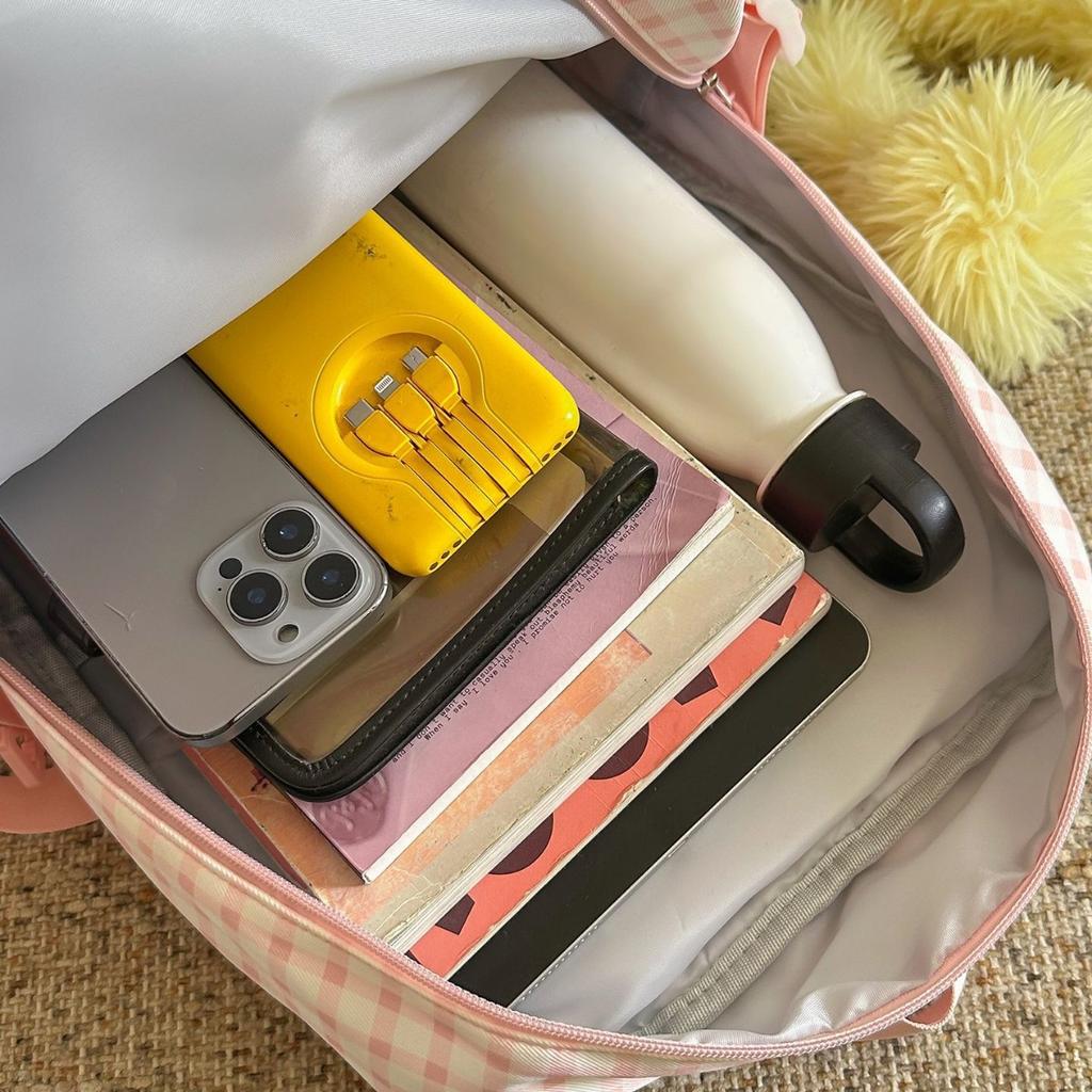 Schoolbag Korean Soft Pink Plaid Hit White Schoolbag Student Party Sweet Feeling Campus Class Shop Clock In Versatile Backpack