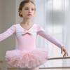 Girls Long-Sleeve Ballet Dance Costume Leotard Dress Pink White Tutu Skirt Stretch Fabric Dancewear Performance Gym Suit