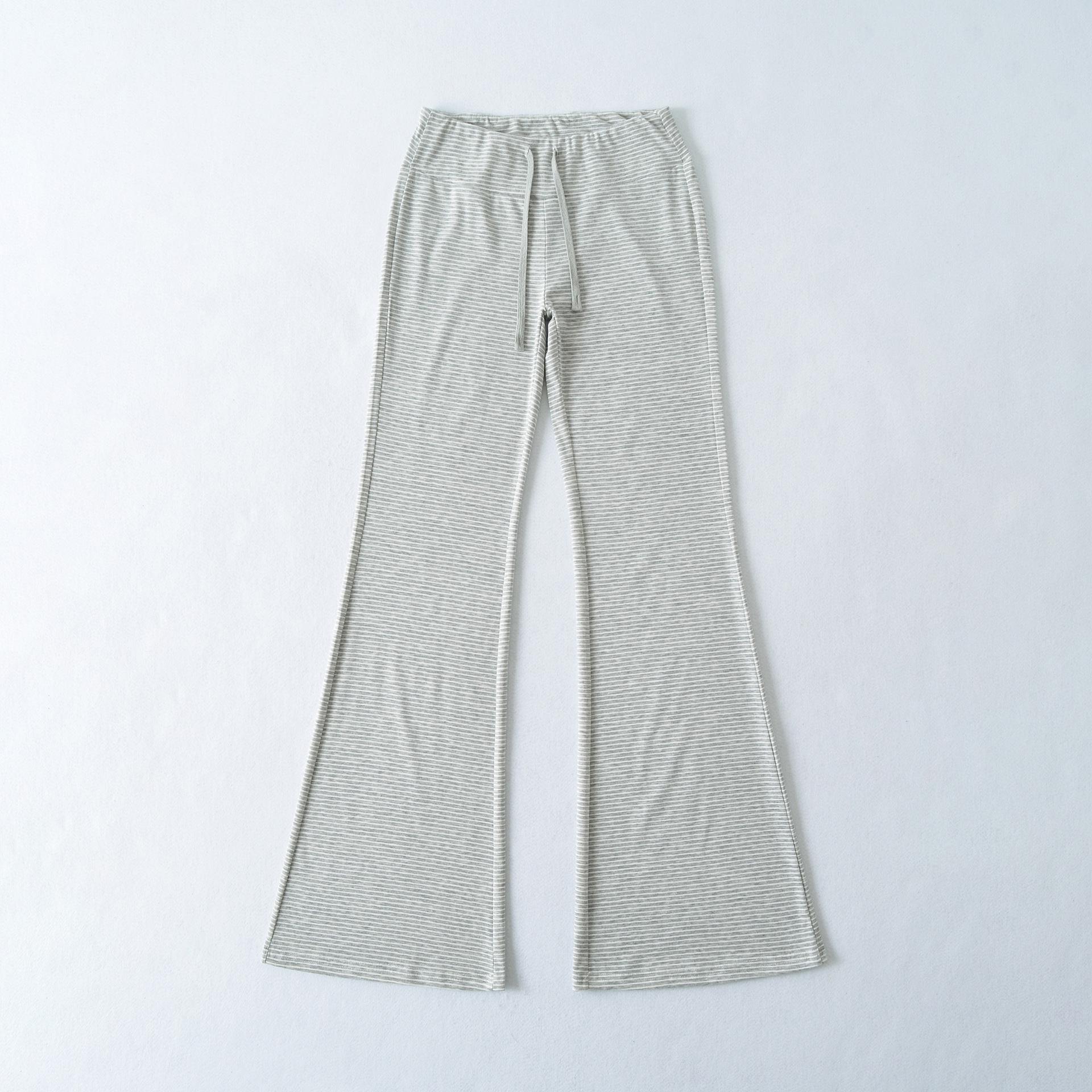 

High-Waisted Striped Knit Flare Pants with Slim-Fit and Drawstring for Women - Casual Spring/Autumn Wear Small