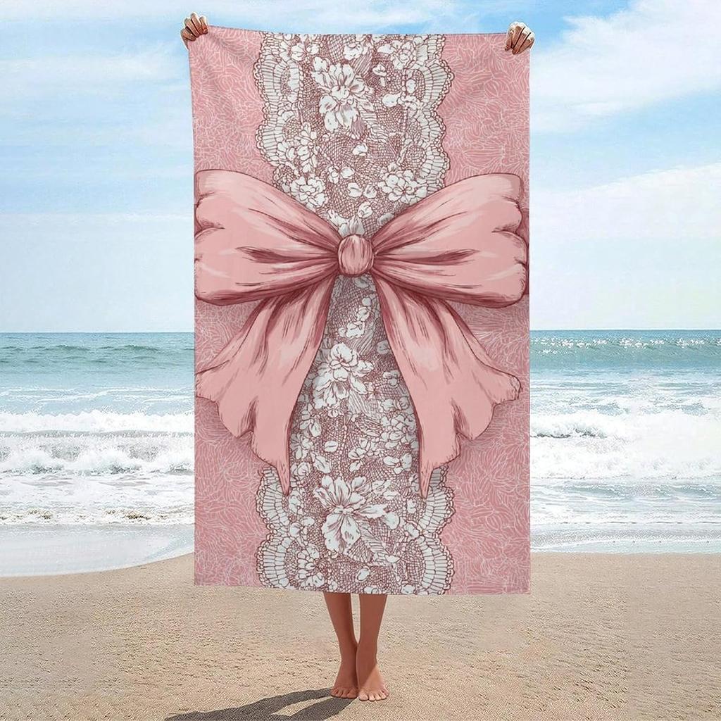 Pink Bow Print Beach Towel Quick Dry Sand Free Cute Star Heart Pattern Lightweight Towel for Girls Beach Pool Travel Camping